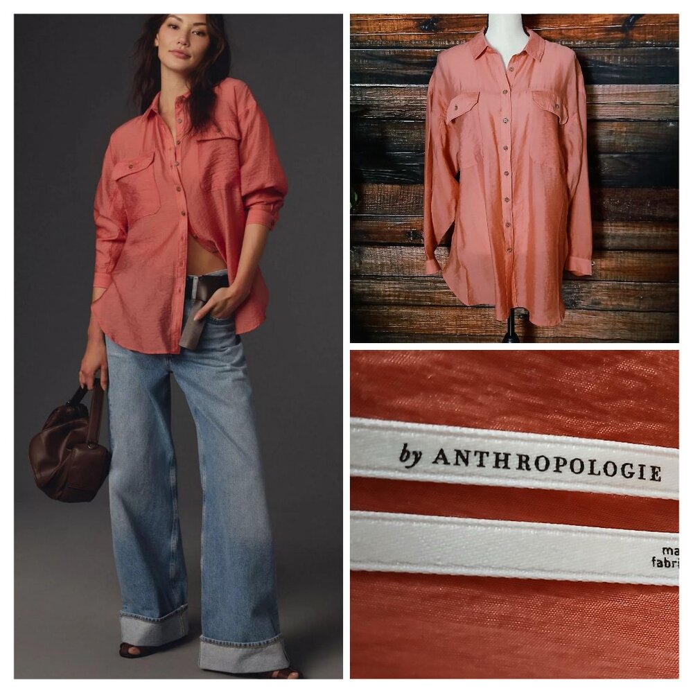 Anthropologie Top M Sheer Button Front Coral Oversized